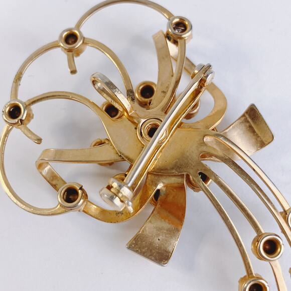 VTG 1940s Brooch Mid Century Gold Tone Ribbon Rhinestone Spray Jewelry - Picture 8 of 8